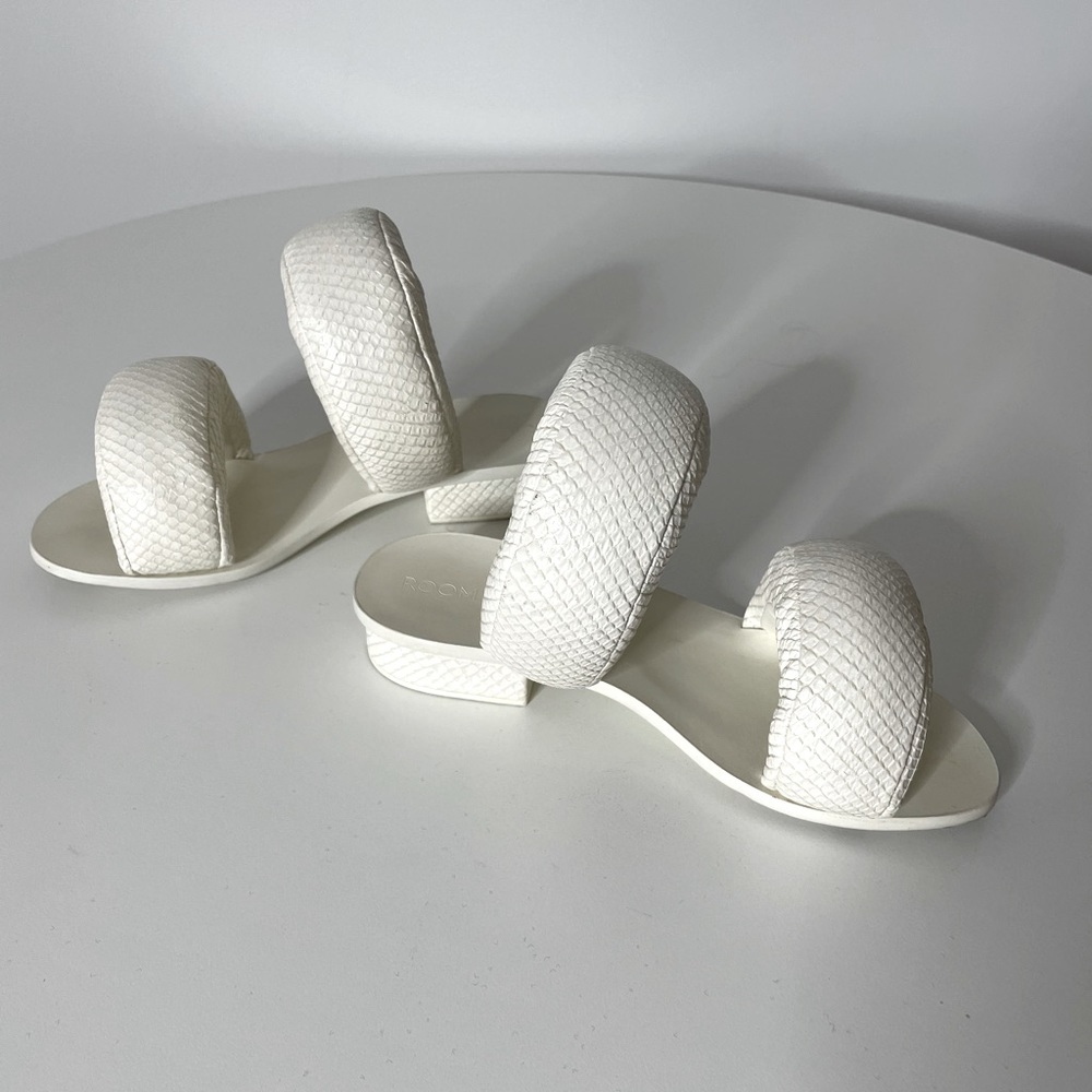 Cult Gaia X Room Pillow Snake-Embossed Leather Sandals, White, Size 38